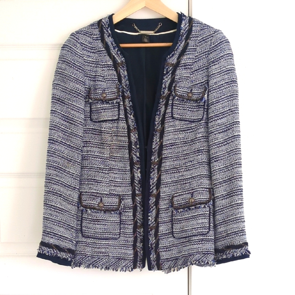 White House Black Market Blue Hook Closure Tweed Blazer